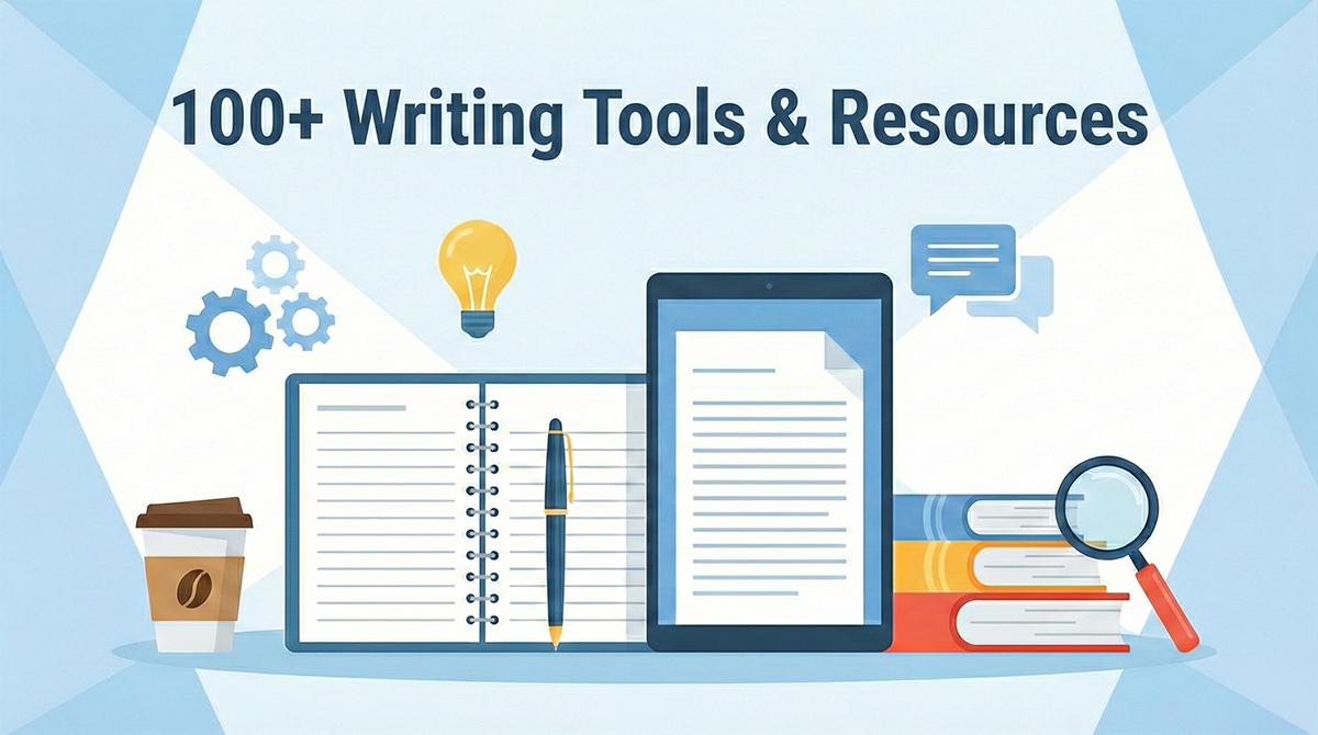 100+ Writing Tools & Resources for Authors - comprehensive guide covering software, worldbuilding, publishing, and craft education